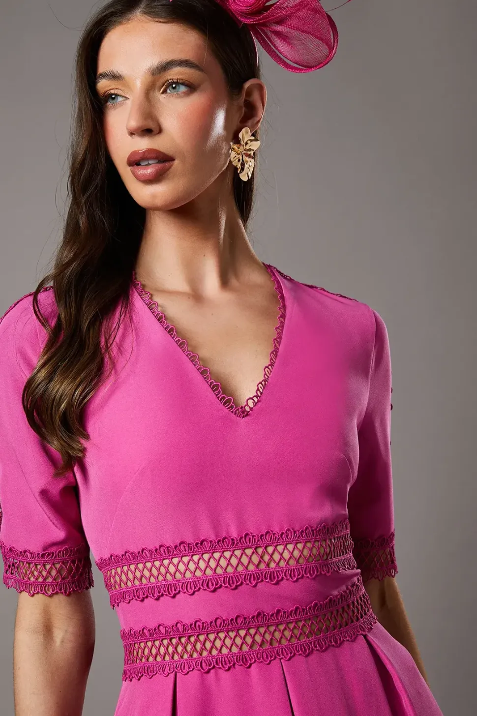 Crochet Insert Crepe V Neck Midi Dress