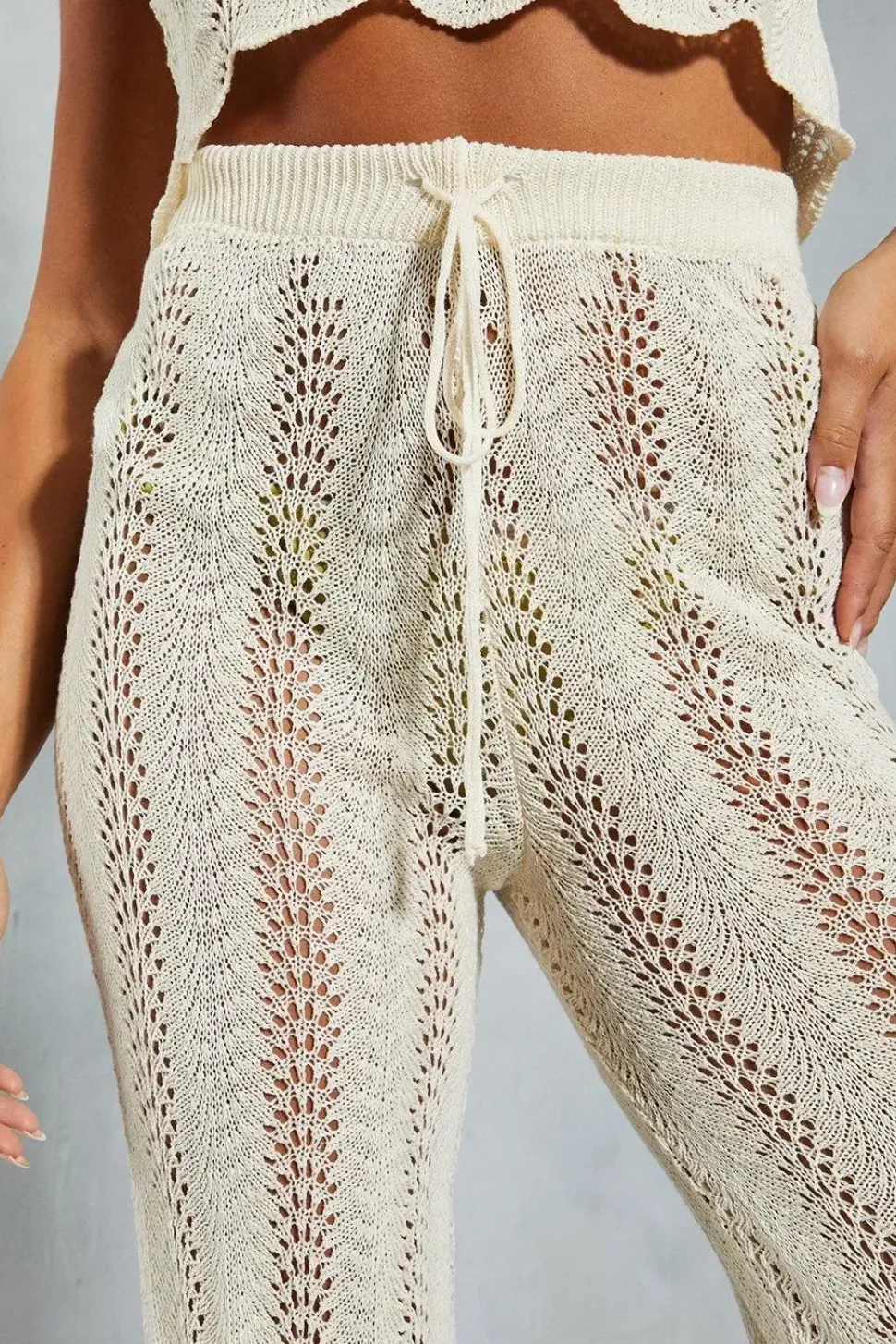 Crochet Knit Straight Leg Scalloped Hem Trouser
