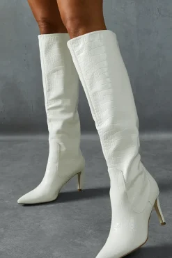 Croc Leather Look Knee High Pointed Boots