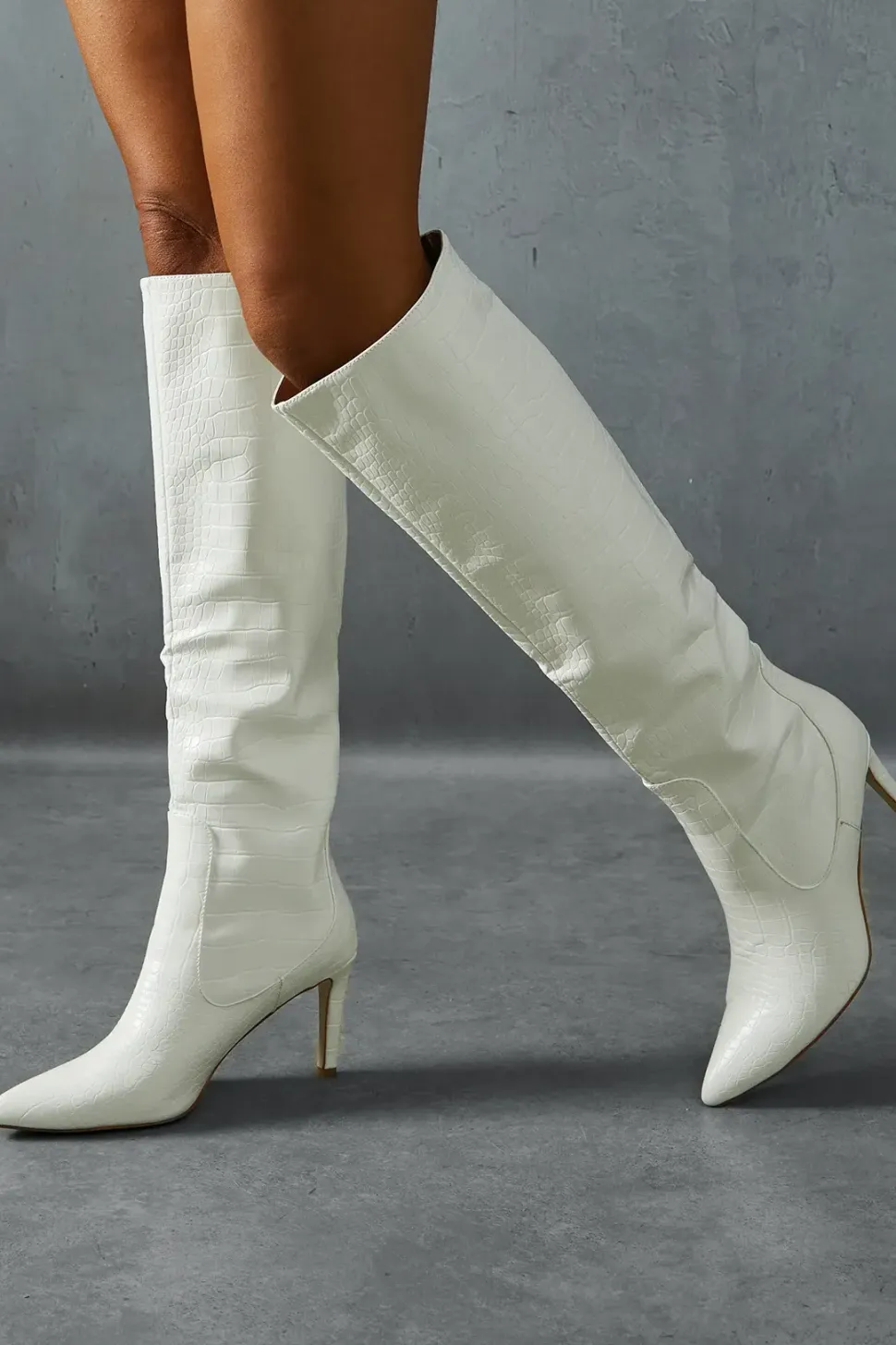 Croc Leather Look Knee High Pointed Boots