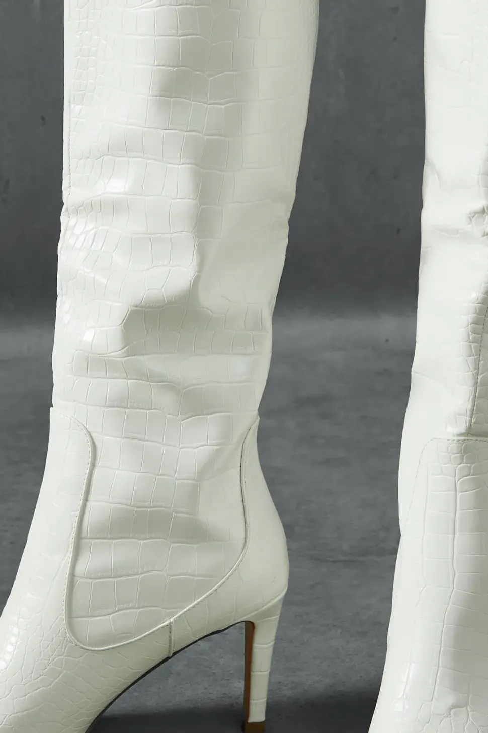 Croc Leather Look Knee High Pointed Boots
