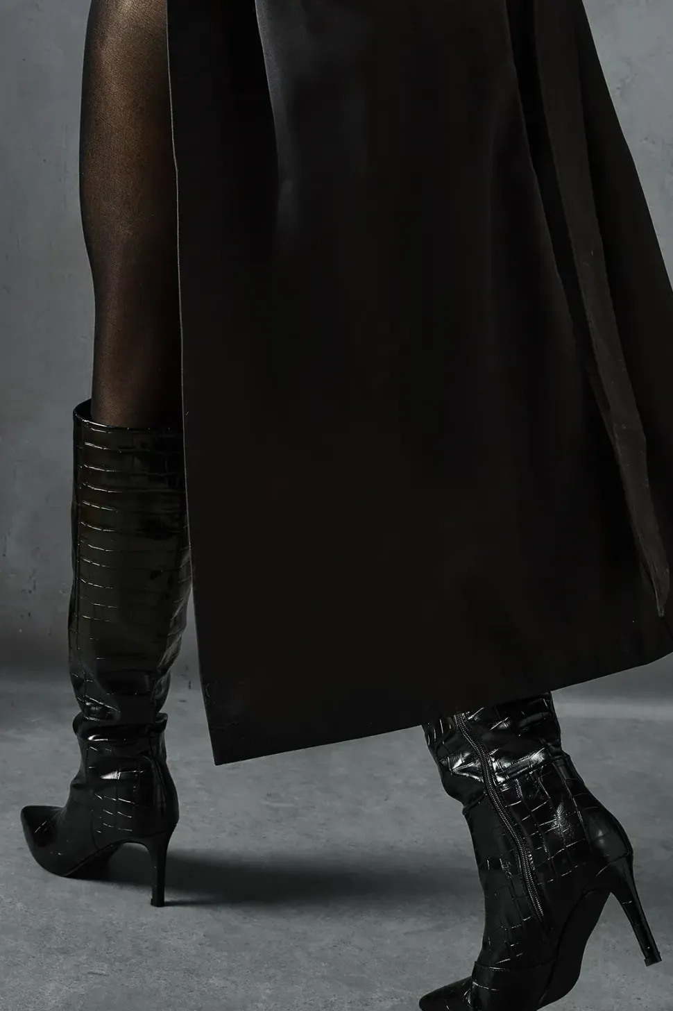 Croc Leather Look Pointed Knee High Boots