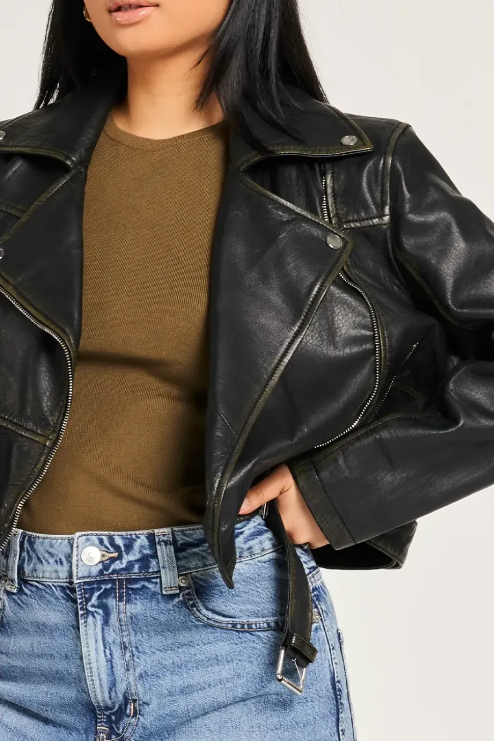 Cropped Washed Leather Biker