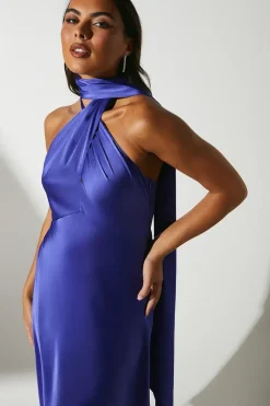 Cross Front Tie Neck Satin Midi Wedding Guest Dress