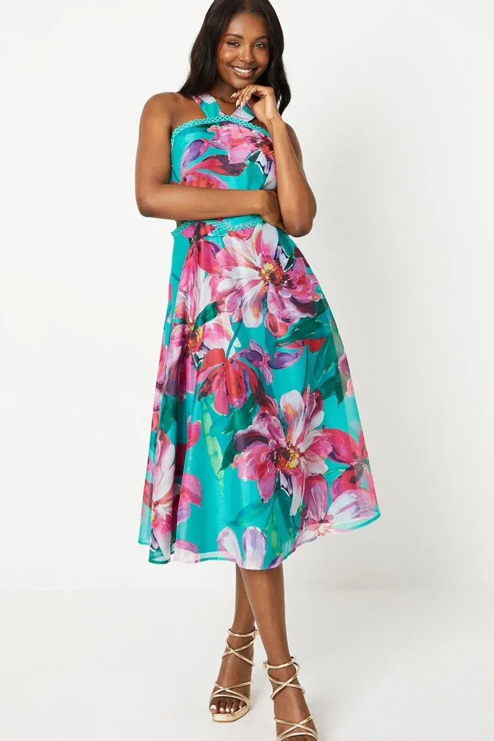Cross Neck Border Print Organza Midi Dress