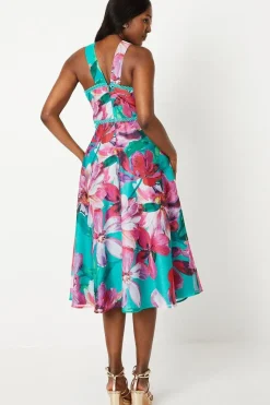 Cross Neck Border Print Organza Midi Dress