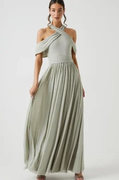 Cross Neck Cold Shoulder Stretch Mesh Bridesmaid Dress