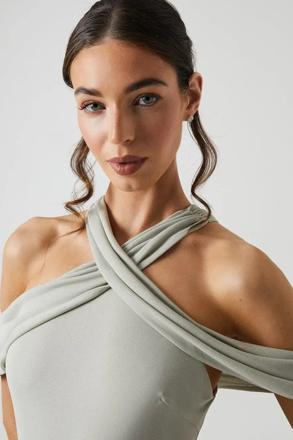 Cross Neck Cold Shoulder Stretch Mesh Bridesmaid Dress