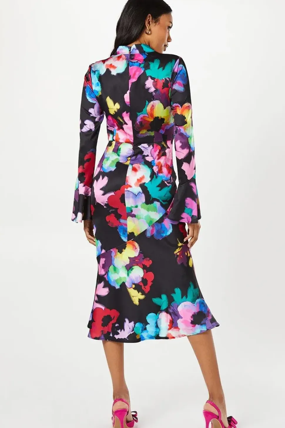 Cross Neck Flute Sleeve And Hem Midi Wedding Guest Dress