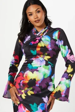 Cross Neck Flute Sleeve And Hem Midi Wedding Guest Dress