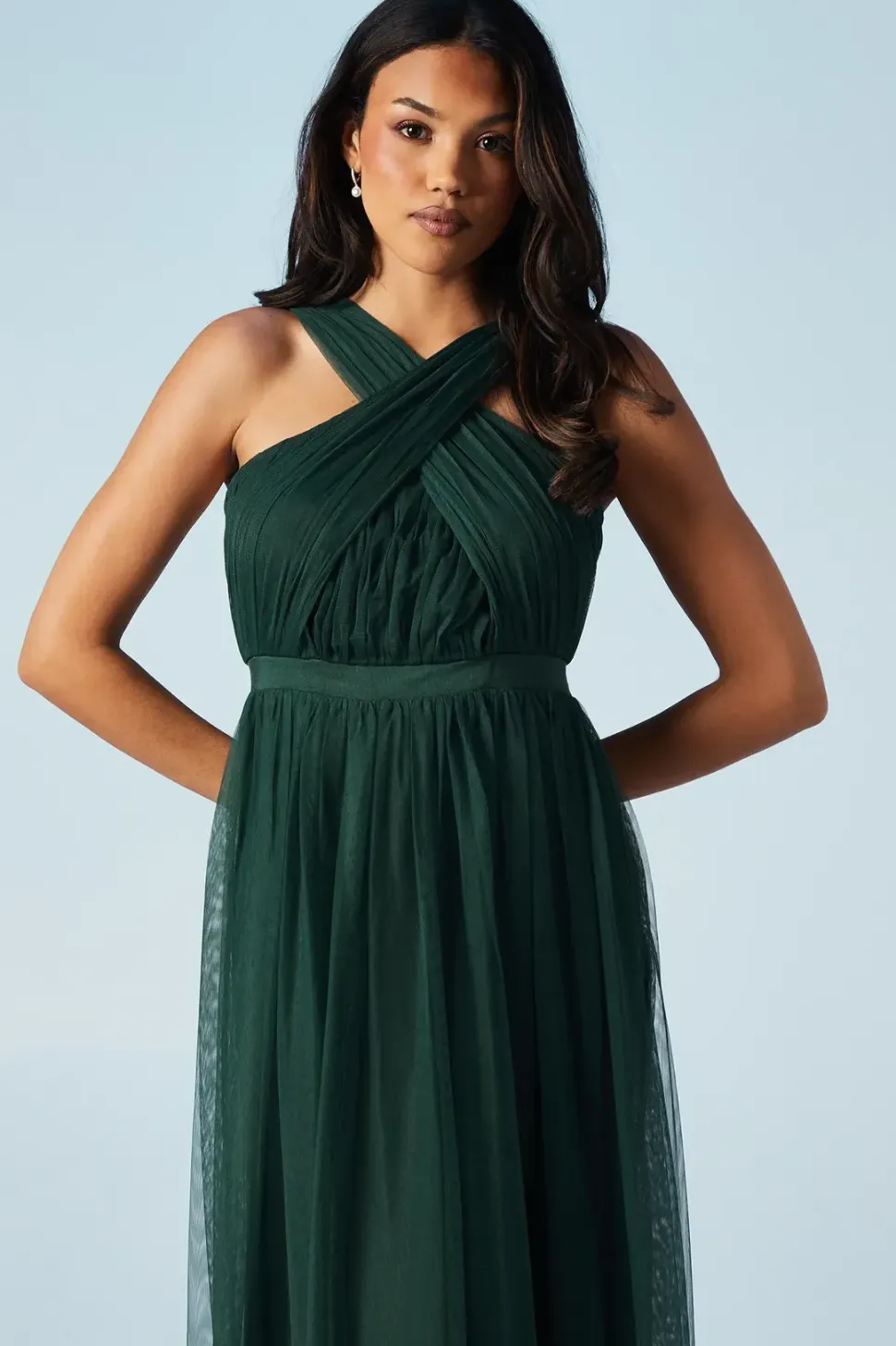 Cross Neck Halter Mesh Bridesmaids Dress