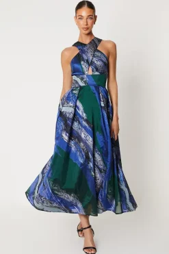 Cross Neck Jacquard Midi Dress