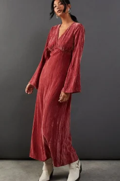 Crushed Velvet Plunge Neck Lace Insert Midi Dress