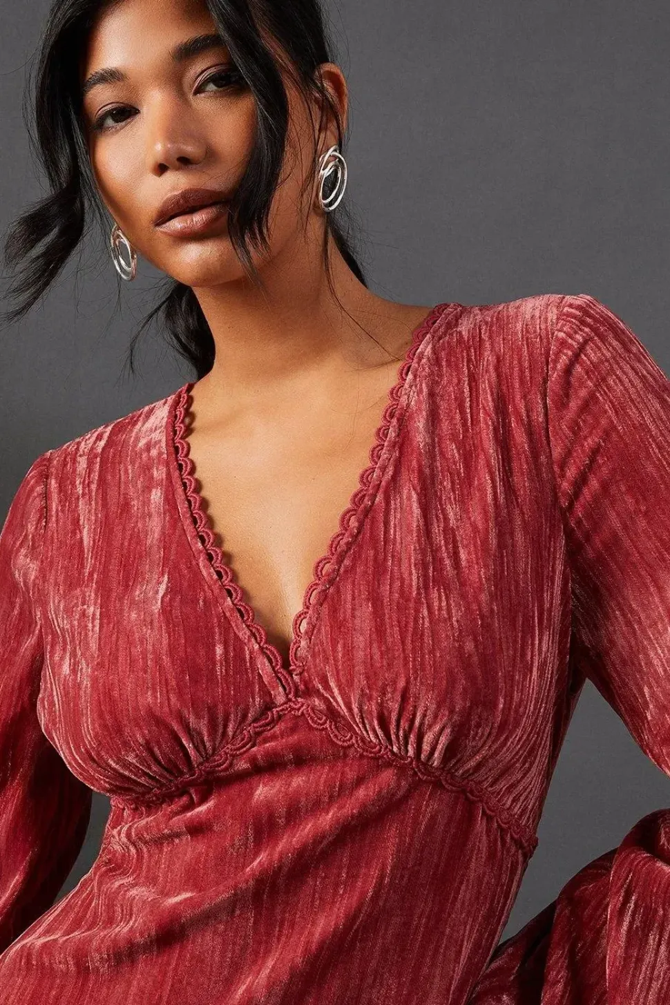 Crushed Velvet Plunge Neck Lace Insert Midi Dress