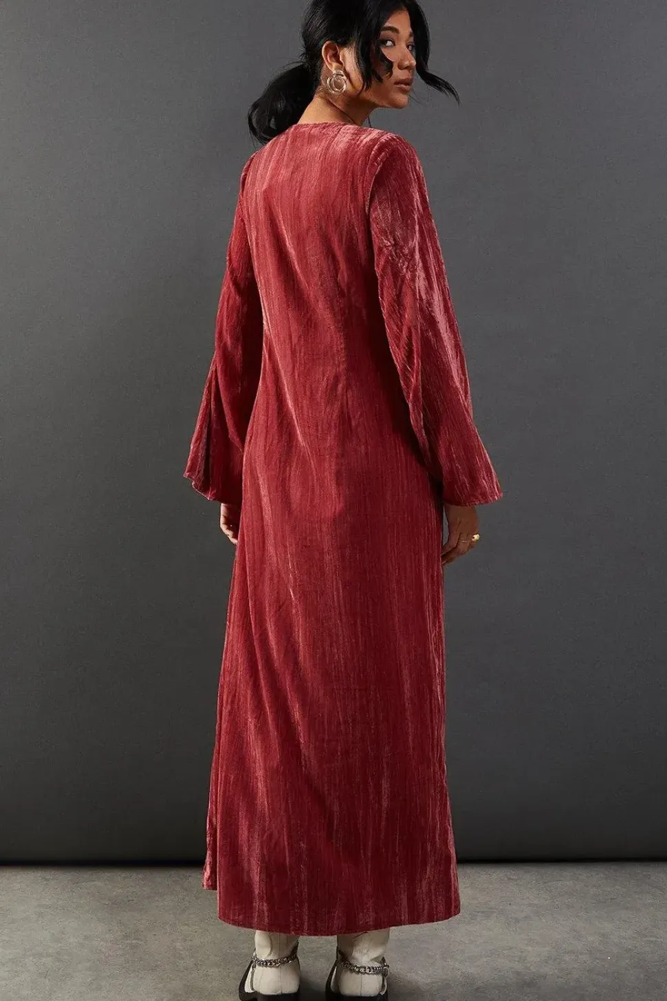 Crushed Velvet Plunge Neck Lace Insert Midi Dress