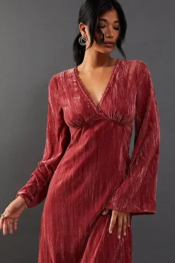 Crushed Velvet Plunge Neck Lace Insert Midi Dress