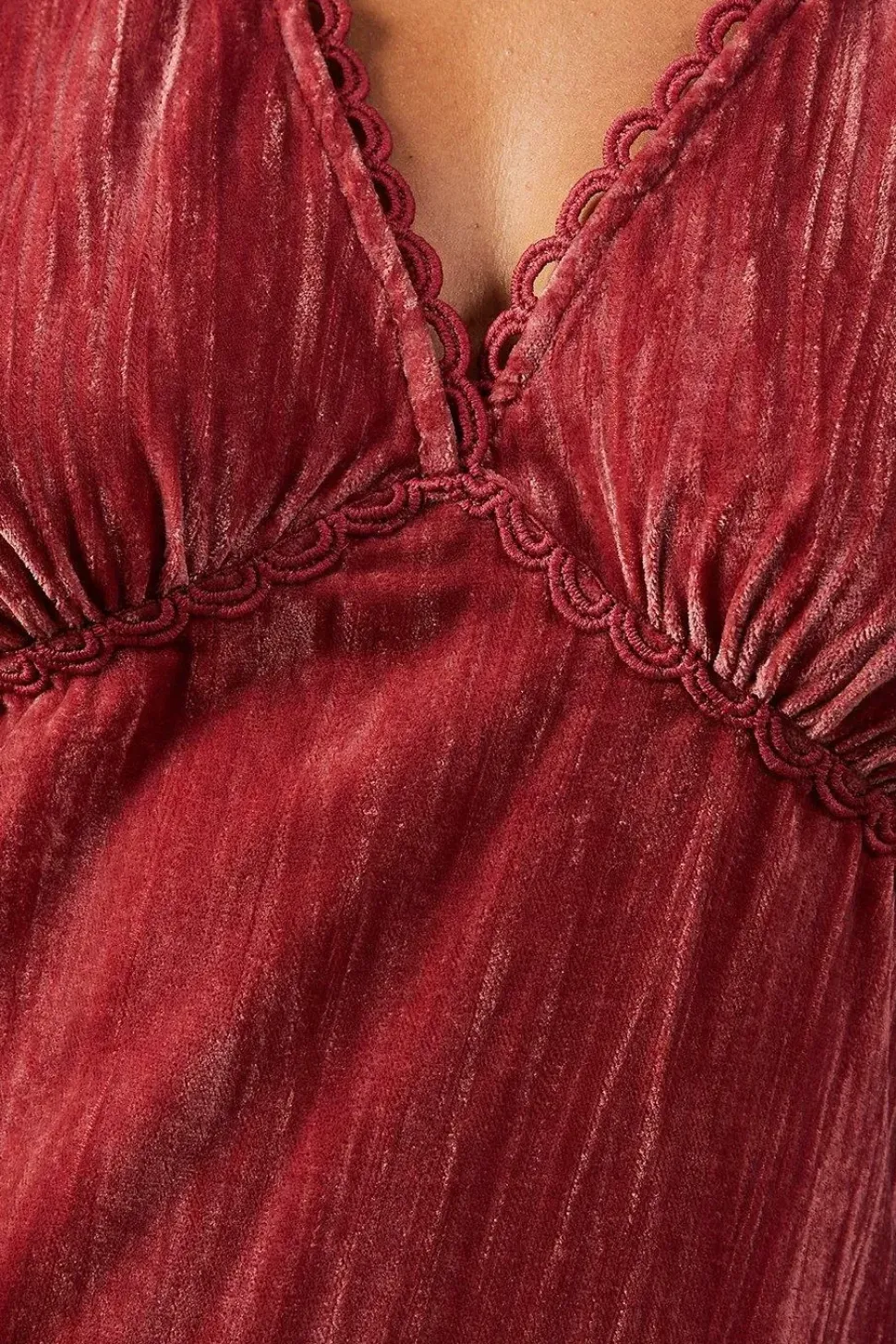 Crushed Velvet Plunge Neck Lace Insert Midi Dress