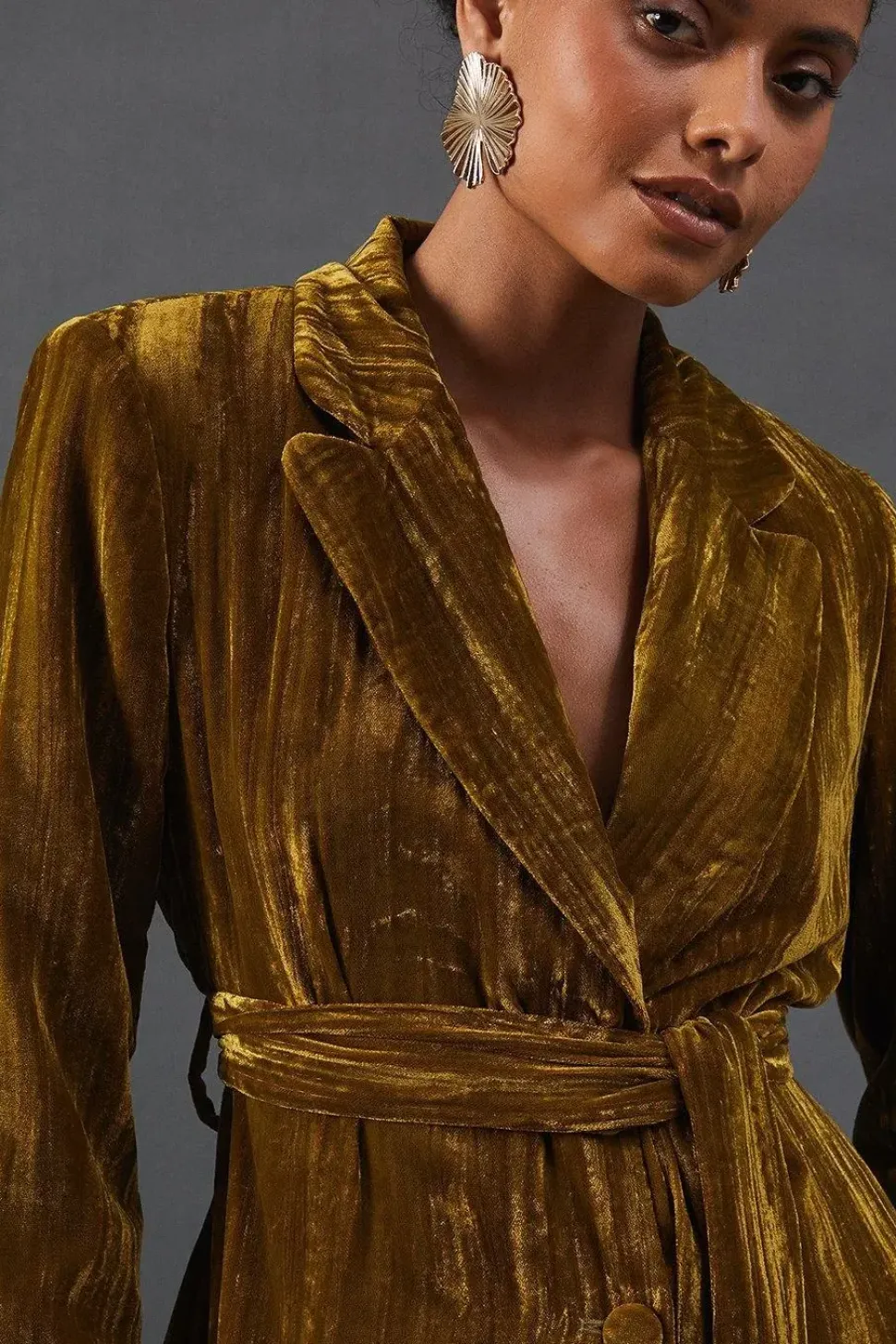 Crushed Velvet Self Belted Blazer