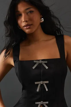 Crystal Bow Satin Tie Front Corset Top