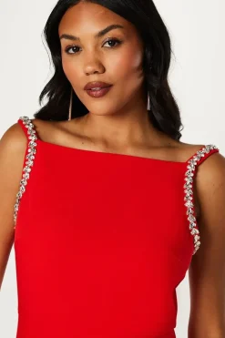 Crystal Trim Stretch Crepe Maxi Dress