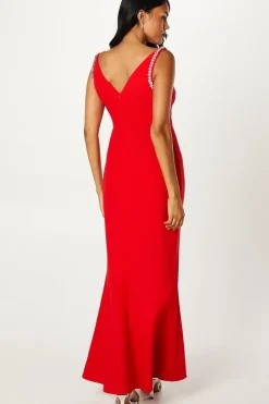 Crystal Trim Stretch Crepe Maxi Dress