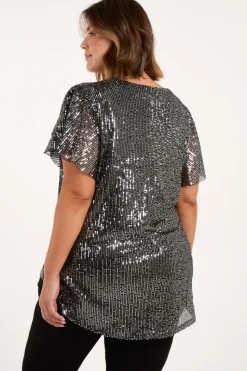 Curve Angel Sleeve V-Neck Sequin Top