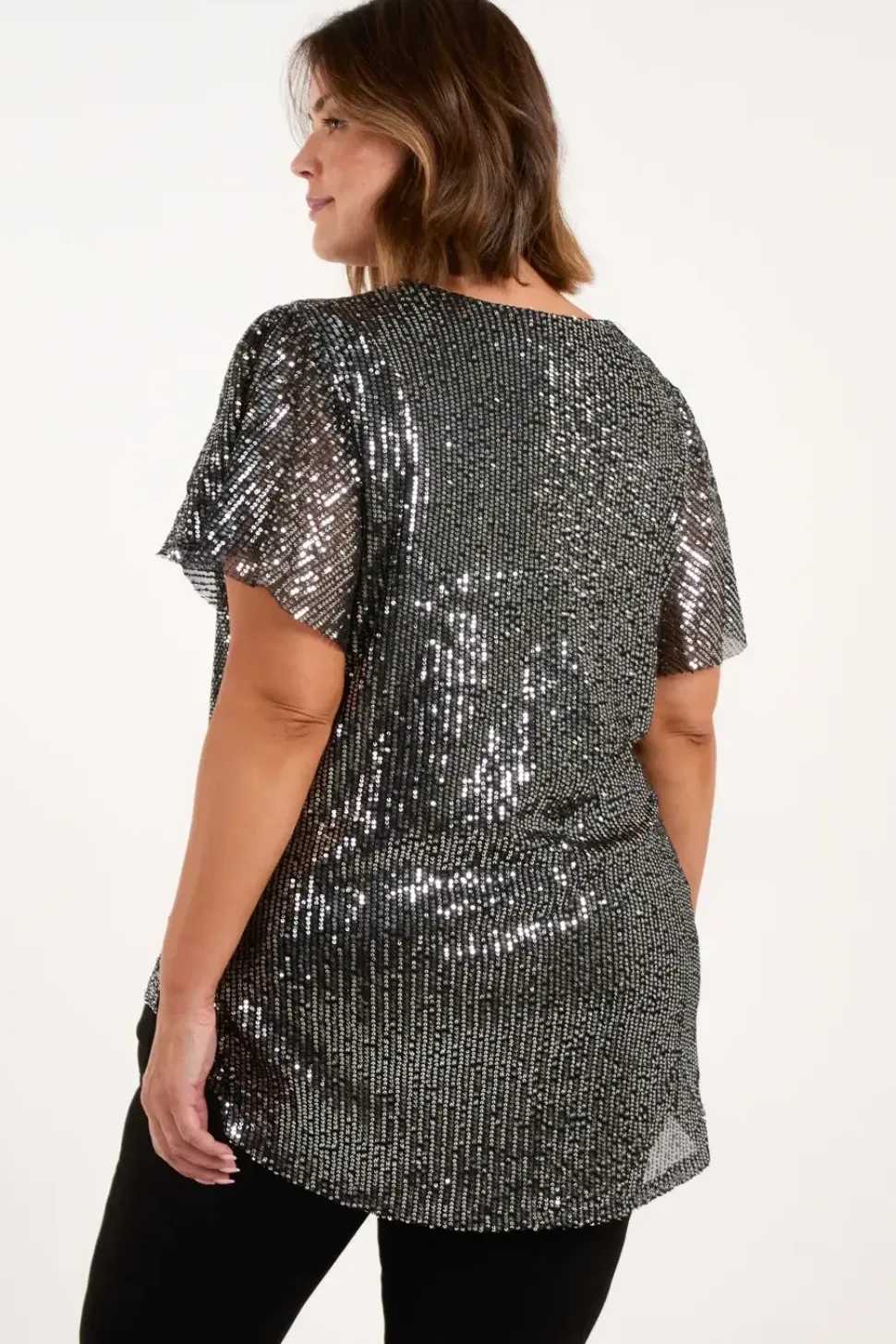 Curve Angel Sleeve V-Neck Sequin Top
