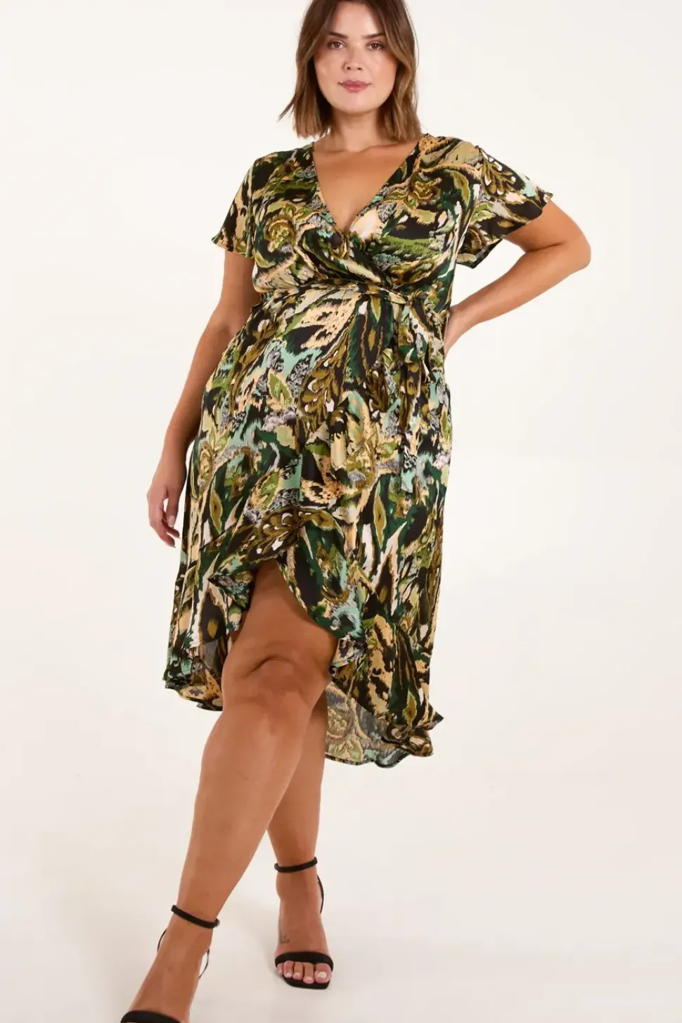Curve Angel Sleeve Wrap Midi Dress