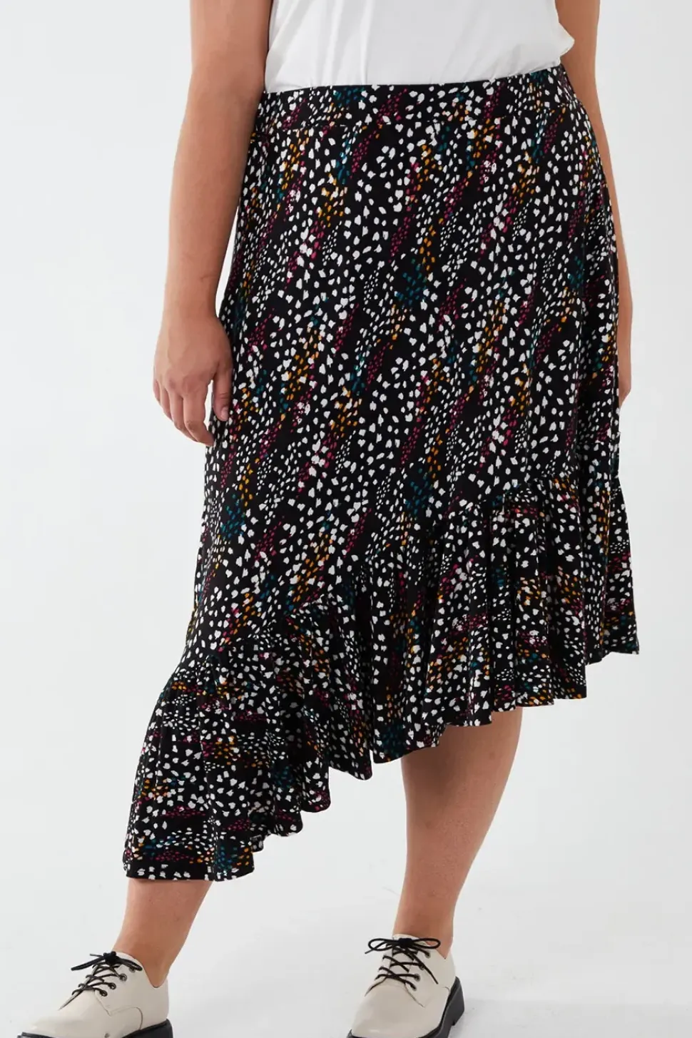 Curve Asymmetric Hem Midi Skirt
