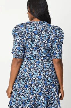 Curve Blue Ditsy Wrap Mini Dress