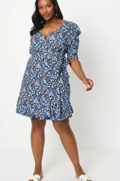 Curve Blue Ditsy Wrap Mini Dress