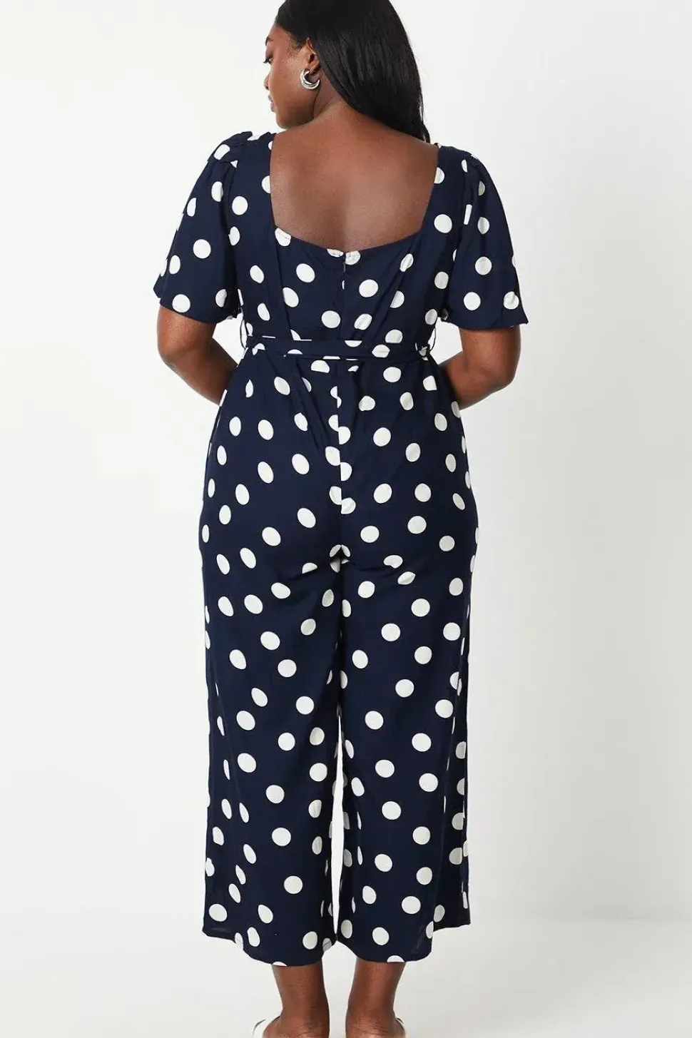 Curve Blue Spot Tie Waist Jumpsuit