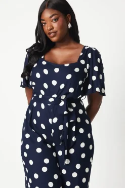 Curve Blue Spot Tie Waist Jumpsuit
