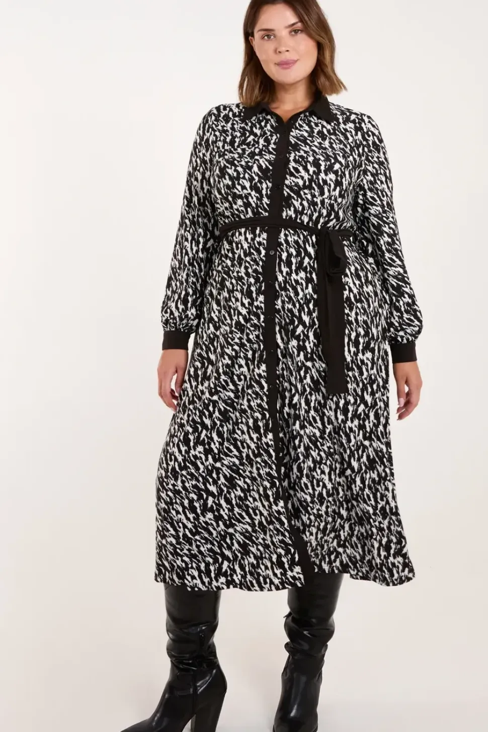 Curve Constrast Belted Midi Shirt Dress