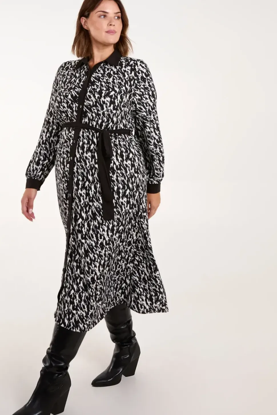 Curve Constrast Belted Midi Shirt Dress