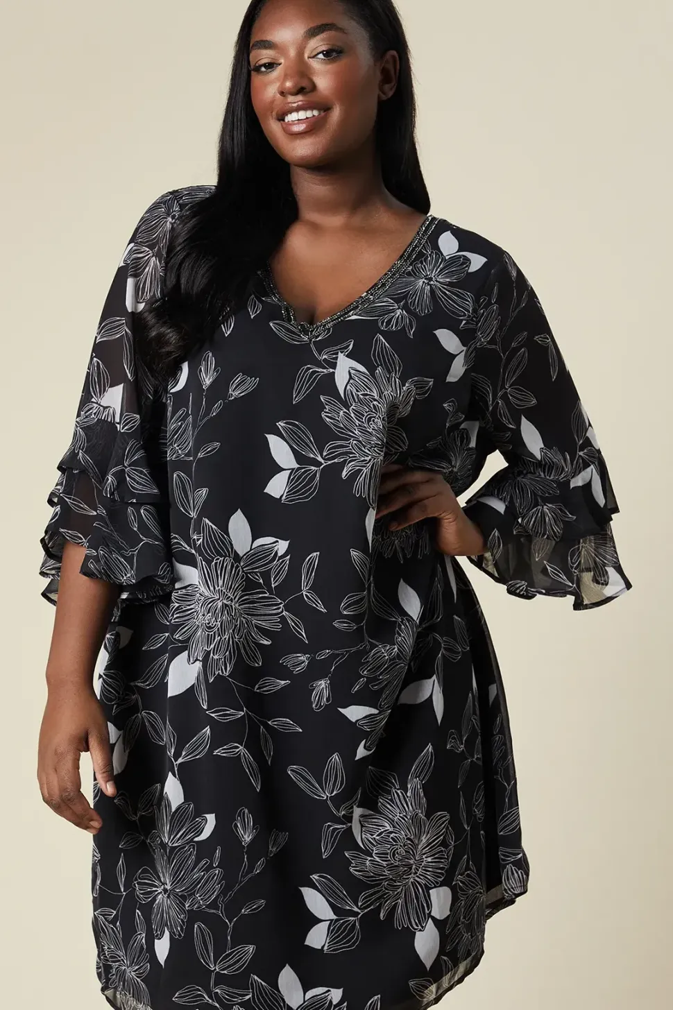 Curve Floral Beaded Ruffle Sleeve Shift Dress