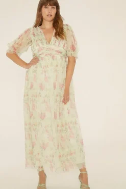 Curve Floral Button Detail Mesh Dress