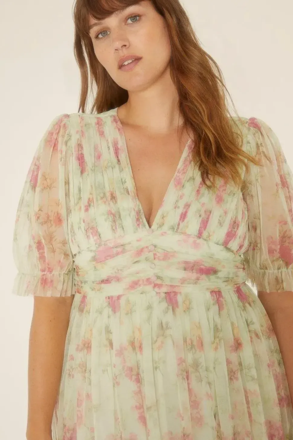 Curve Floral Button Detail Mesh Dress