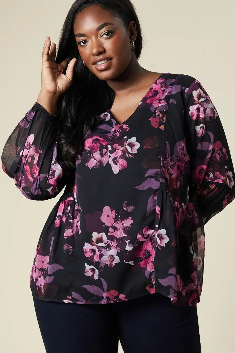 Curve Floral Chiffon Peplum Top