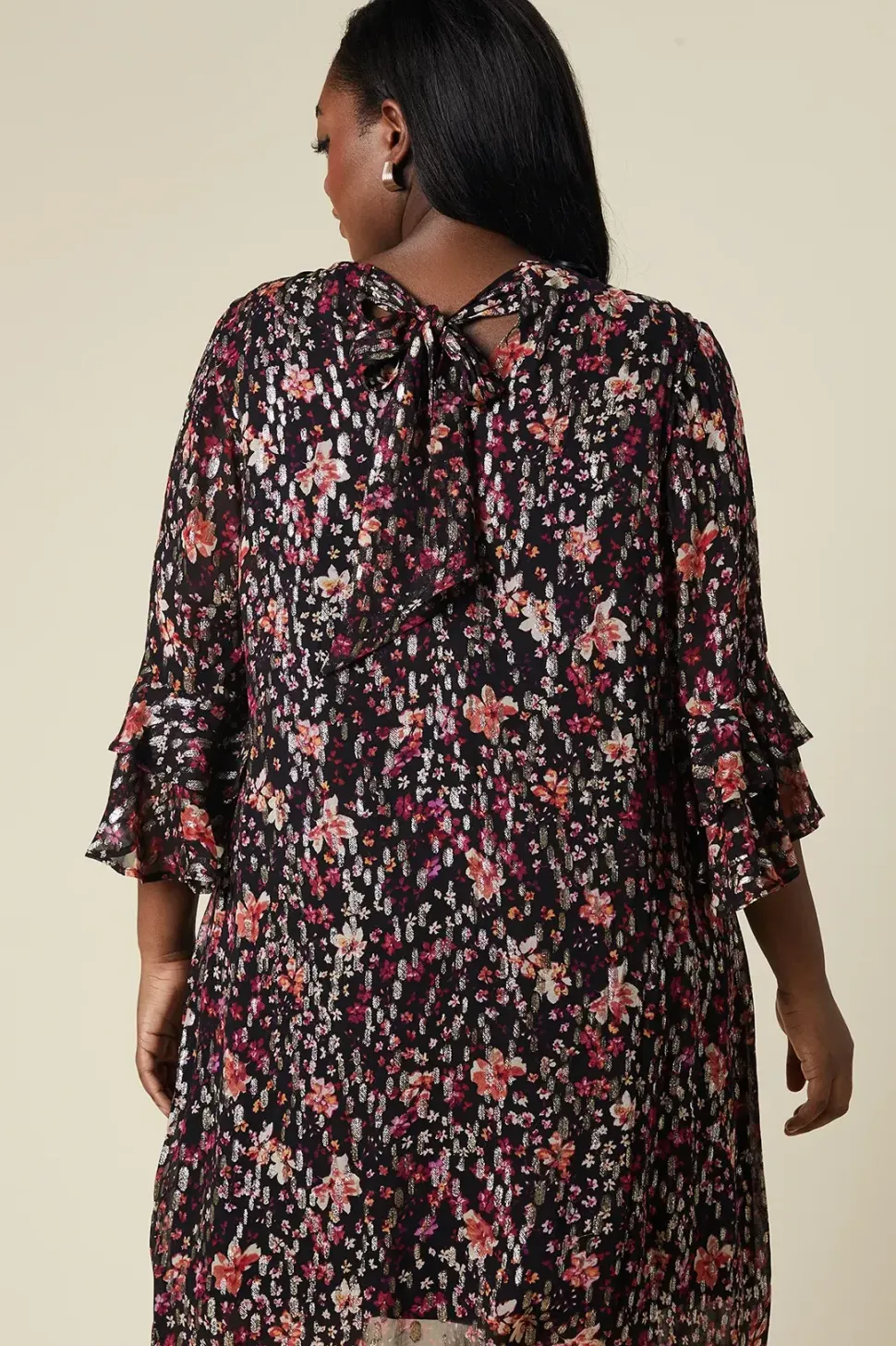 Curve Floral Glitter Ruffle Sleeve Shift Dress