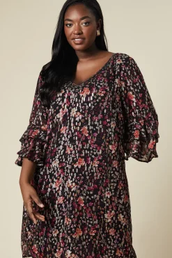 Curve Floral Glitter Ruffle Sleeve Shift Dress