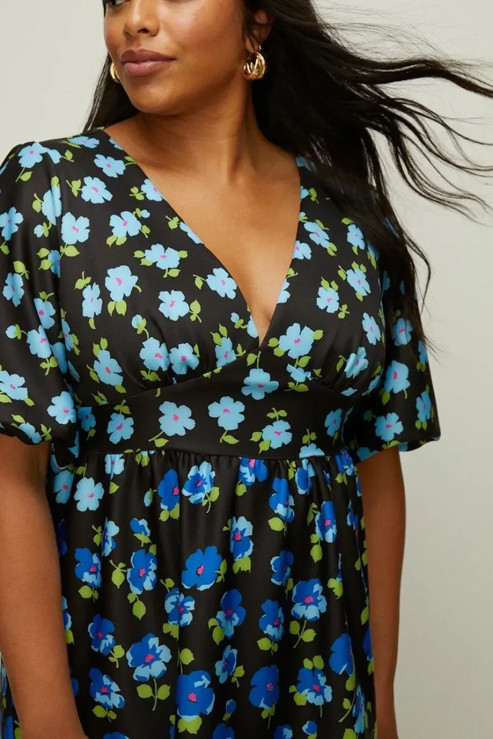 Curve Floral Puff Sleeve Scuba Midi Dress