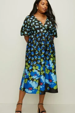 Curve Floral Puff Sleeve Scuba Midi Dress