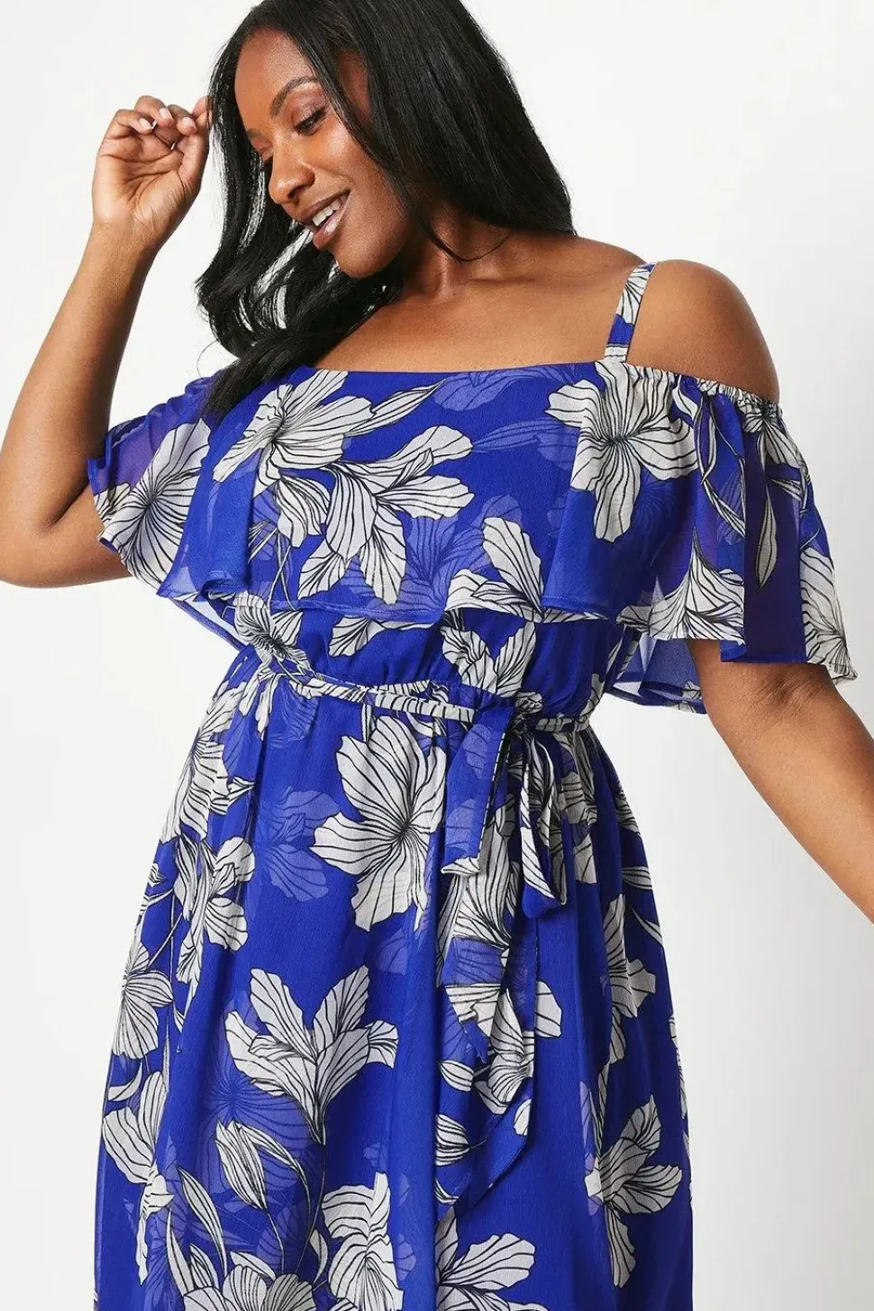 Curve Floral Ruffle Front Midi Dress