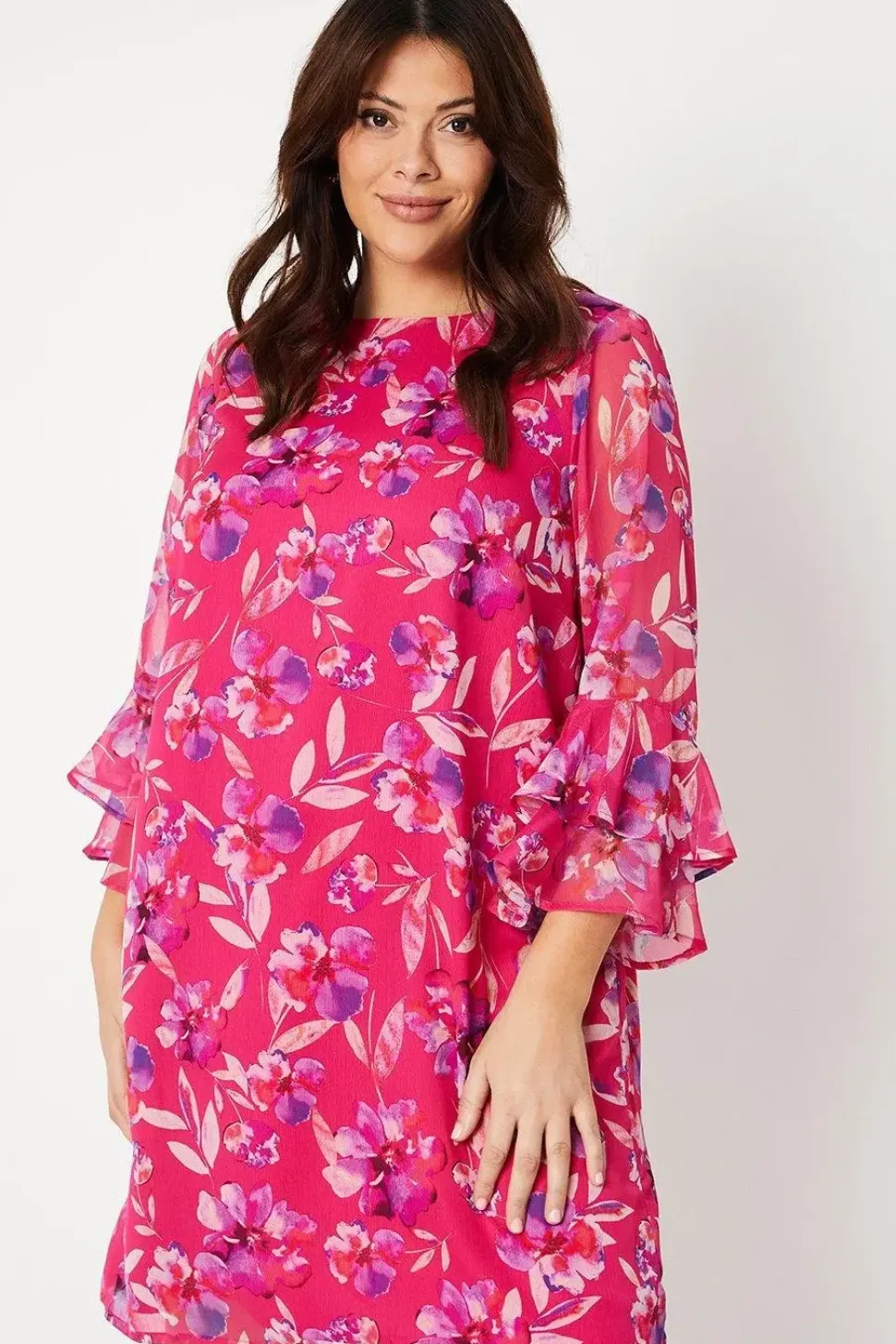 Curve Flute Sleeve Floral Shift Dress