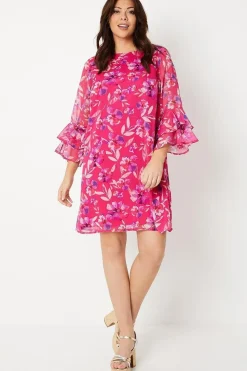 Curve Flute Sleeve Floral Shift Dress