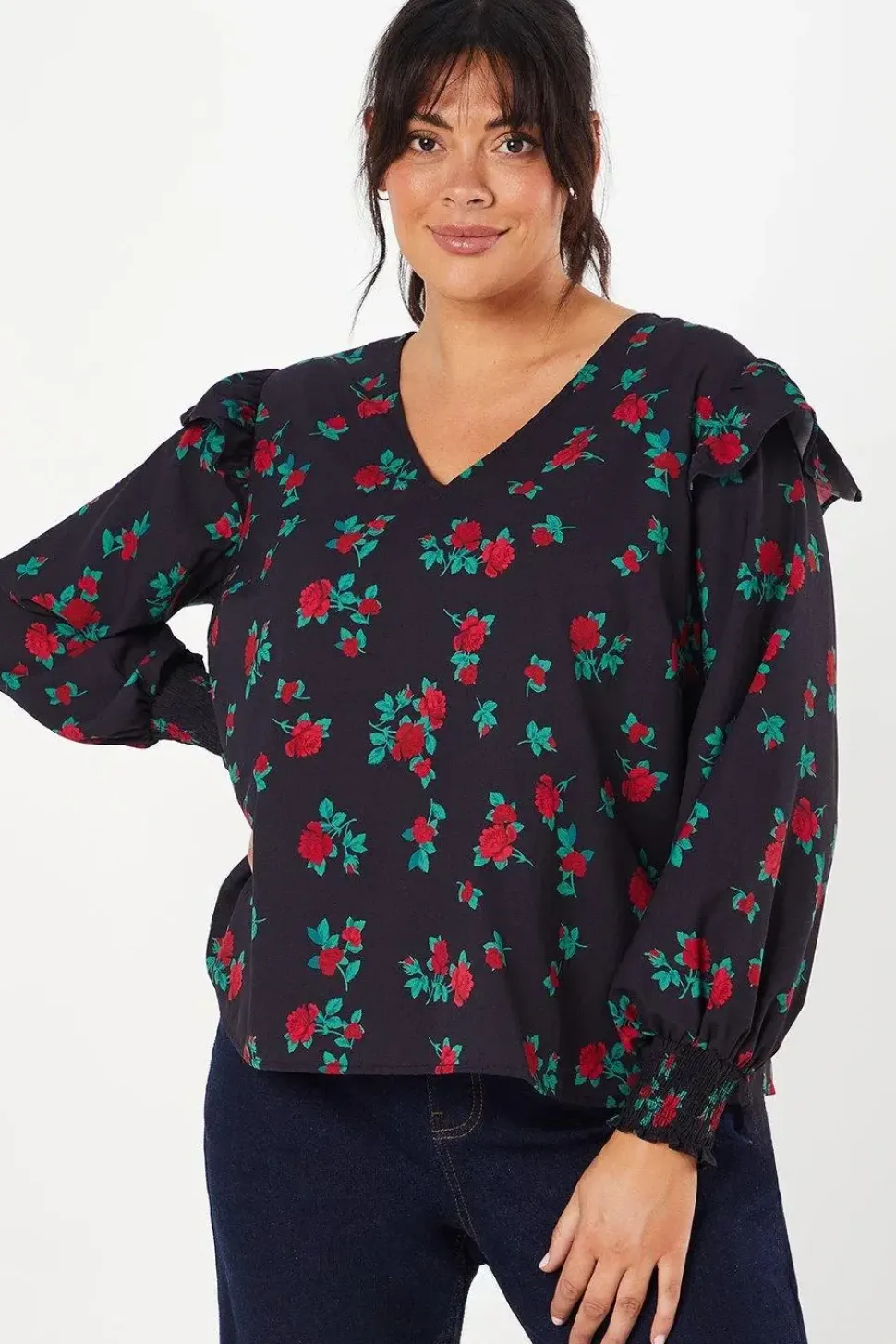 Curve Frill Shoulder V Neck Top Floral Print