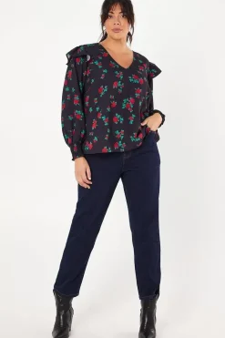 Curve Frill Shoulder V Neck Top Floral Print
