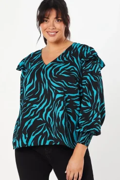 Curve Frill Shoulder V Neck Top Zebra Print