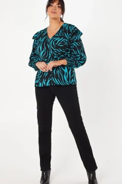 Curve Frill Shoulder V Neck Top Zebra Print